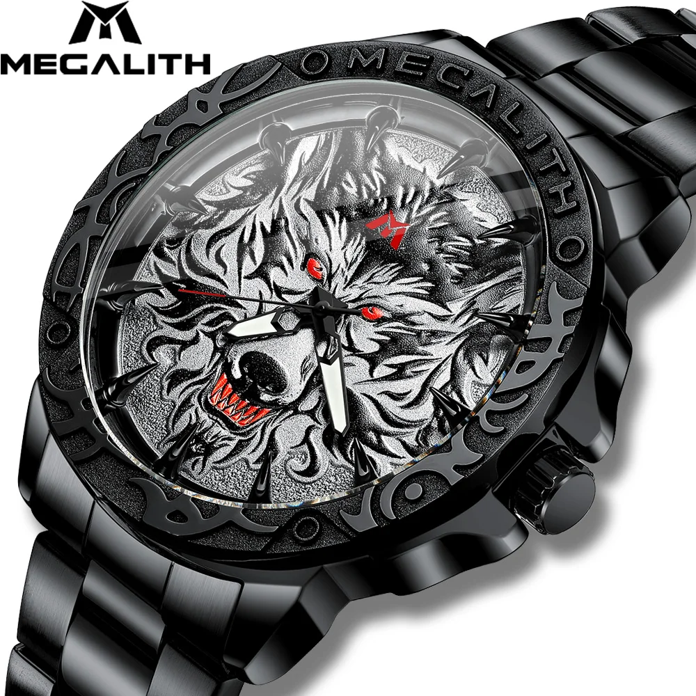 Новинка 2020 мужские часы MEGALITH Wolf Head рельефные кварцевые спортивные