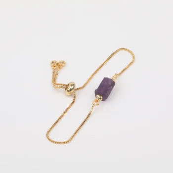 

10Pcs/Lot Natural Amethysts Quartz Single Nugget Beads Gold Tennis Chains Adjustable Bracelet Jewelry For Women N0449JBC.E