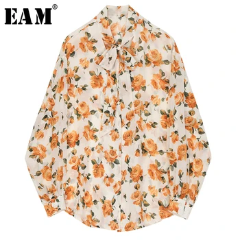 

[EAM] Women Pattern Printed Chiffon Big Size Blouse New Bow Collar Long Sleeve Loose Fit Shirt Fashion Spring Autumn 2020 1T372