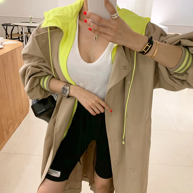Autumn New Hooded Trench Coat Korean Plus Size Khaki Long Coat Female Trenchcoat Overcoat Fall Clothes