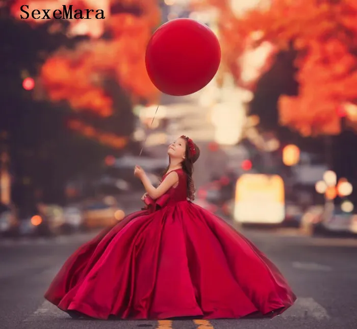 Роскошная красная атласная одежда для девочек платье с цветочным узором для девочек на свадьбу, детское платье для дня рождения пышное платье для детей, размер От 2 до 14 лет
