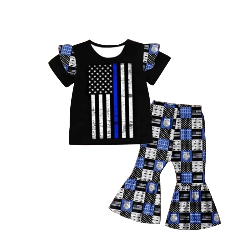 

summer boutique short sleeves top and bell-bottoms usa police design outfits kids