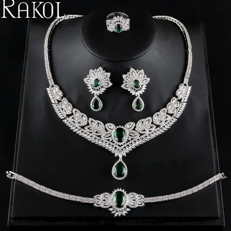 RAKOL роскошный кубический цирконий ожерелье серьги кольцо браслет набор для женщин ужин вечерние юбилей день рождения ювелирные изделия RS0218