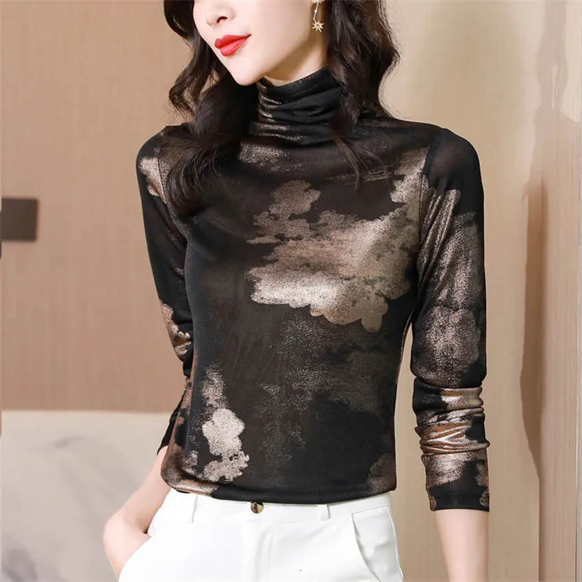 

New Fashion Black Pullover Autumn Winter Long Sleeve Turtleneck Undershirt Women Floral Print Vintage Blouse Blusa Feminina