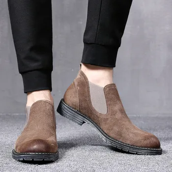 

The New Winter Boots Men Boots Ankle Low Cow Suede Simple Pointed Toe Men Boots Casual All Match Sand Khaki Black 39-44 S4-26