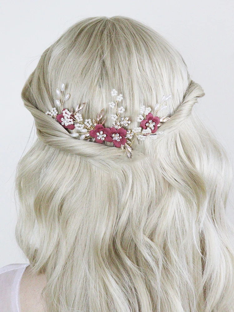 Romantic Wine Red Pink Flower Hair Comb and Hair Pin 3PCS Head Jewelry Bride Headdress for Party Wedding Bridal Accessories