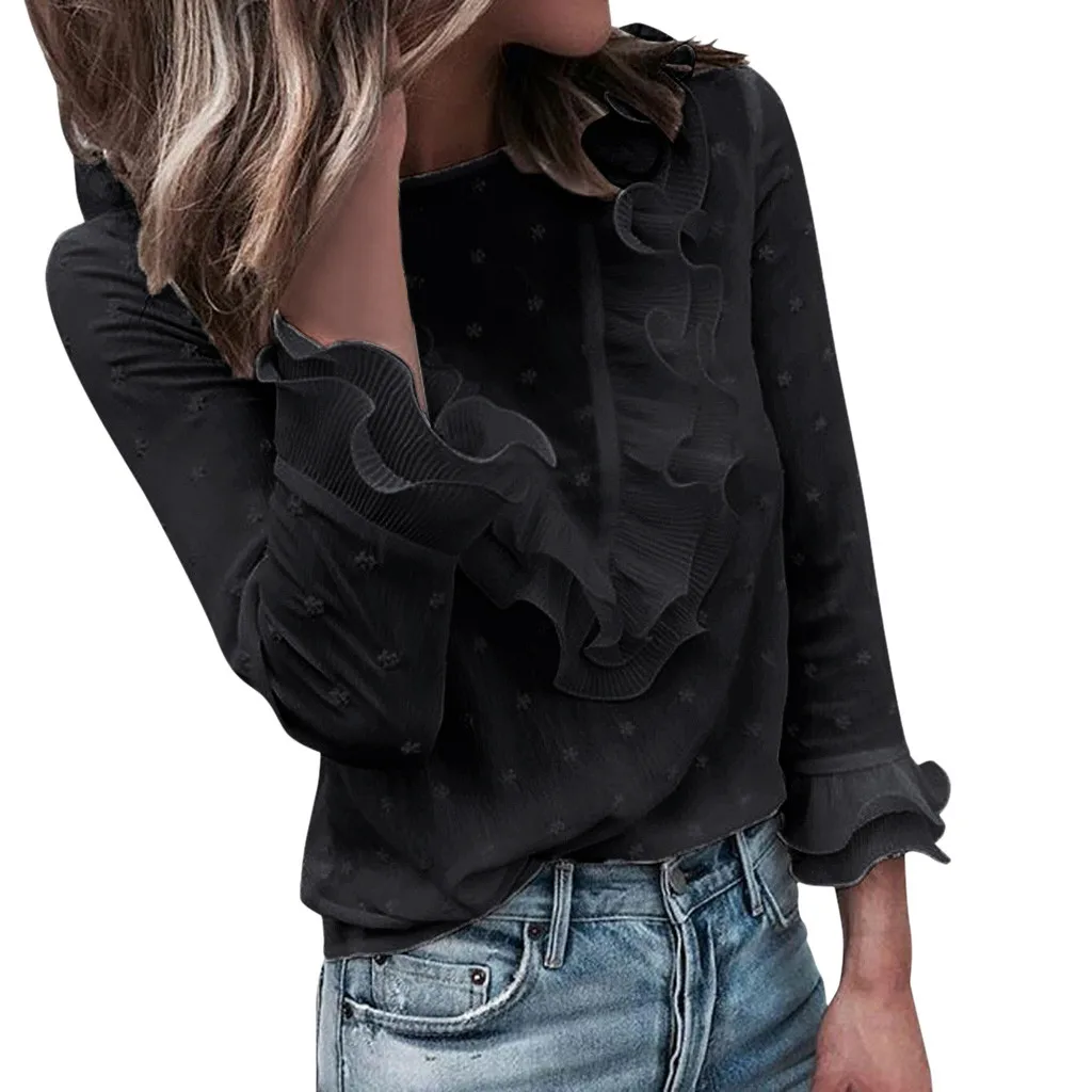 

2019 Lace Polka Dot O Neck Blouse Women Shirt Ruffles Long Sleeve Womens Tops And Blouses Casual Blusa Feminina