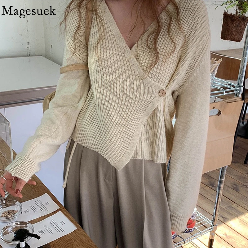 

Korean V-neck Irregular Thick Warm Sweater Women Autumn Knitted Cardigan Women Sweater Tie Wrap Button Slim Top Pull Femme 17918