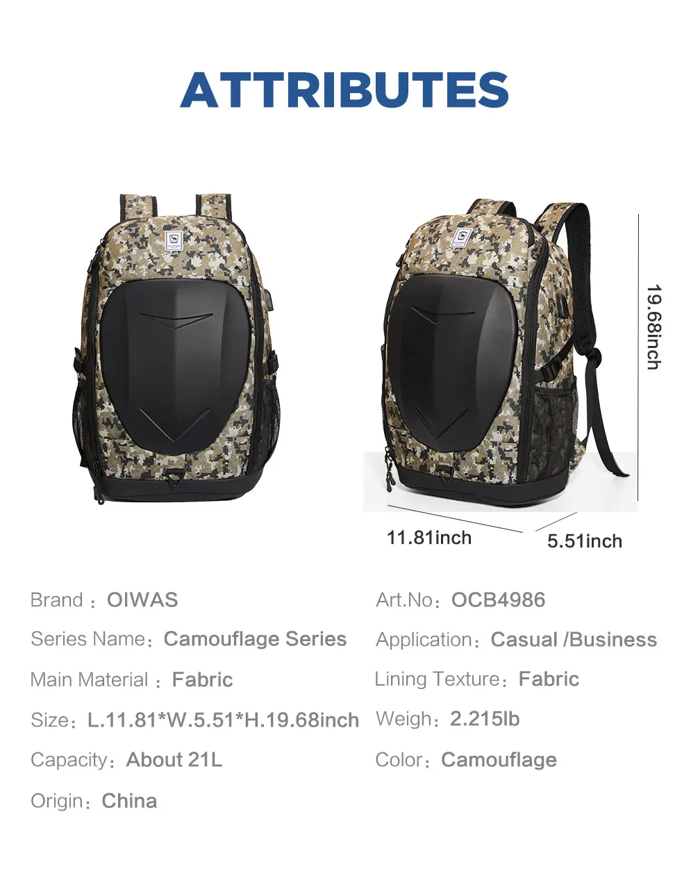 Hard Shell Tactical Backpack 21L Laptop USB Charging Port Waterproof