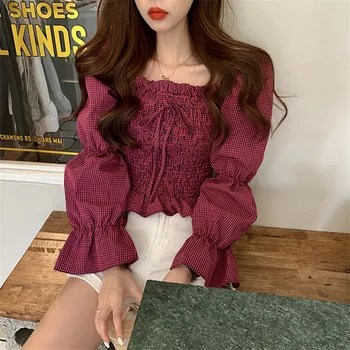 

ZCWXM Korean Vintage Bow Sweet Women Shirts Lace Up Blouses Spring 2020 Fashion Plaid Fashion Blusas Mujer Elegant