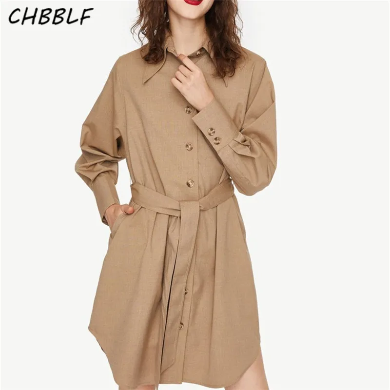 CHBBLF женское платье цвета хаки длиной до колена с поясом-бантом и карманами