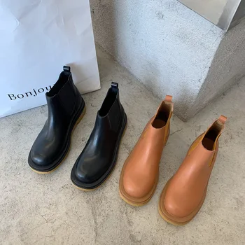 

Winter Women Round Toe Slip On Ankle Boots Square High Heels Black Martin Boots Leather Brown Short Boots Lady Party Shoes