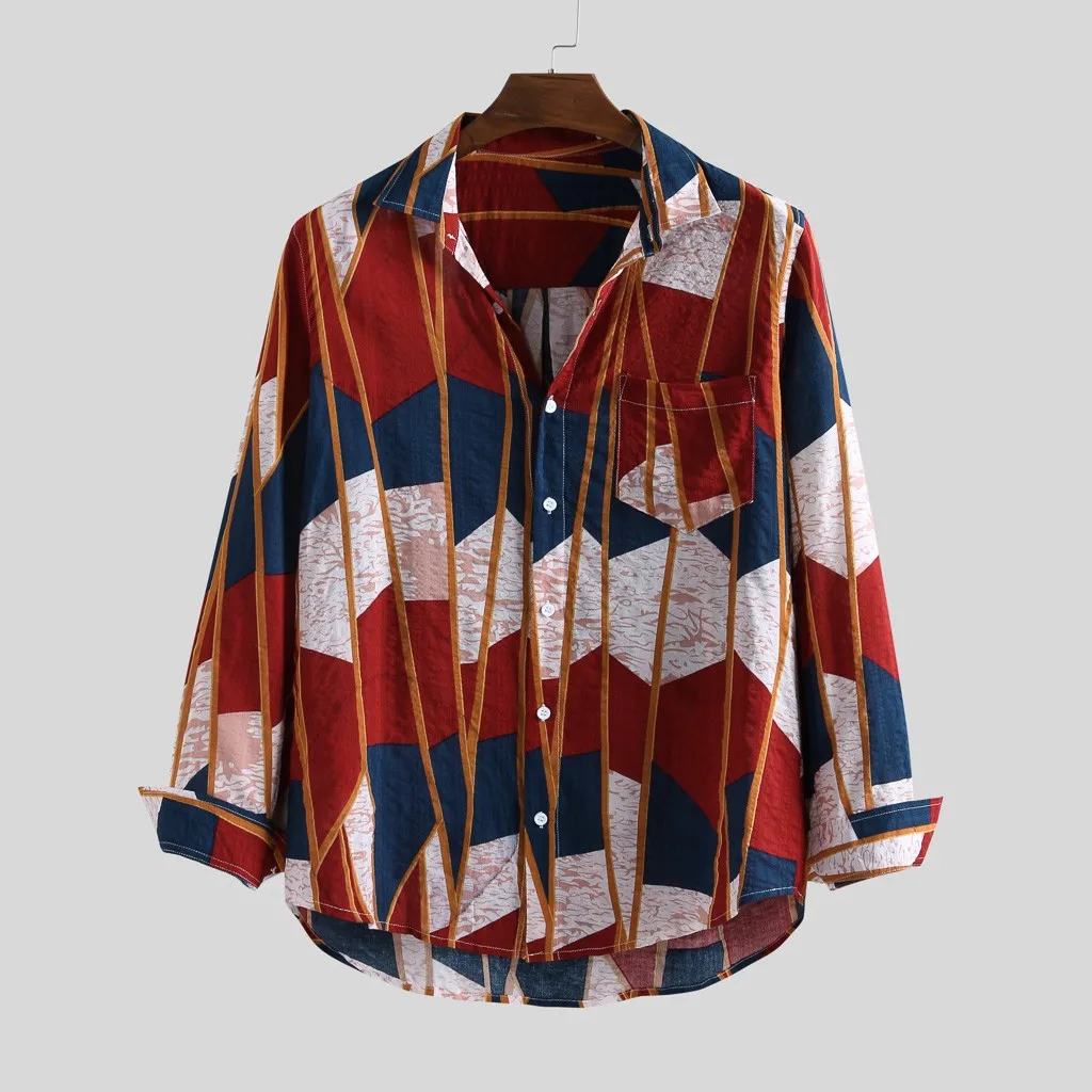

2019 New Ethinic Vintage Hawaiin Autumn Men Printed Pocket Turn Down Collar Long Sleeve Shirts Blouse Tops Contrast Streetwear15