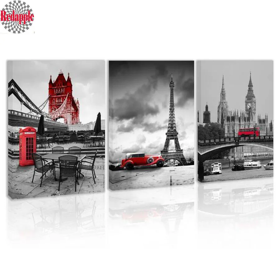 

3 шт., алмазная живопись, черный, белый, красный, Лондонская башня, мост, Биг-Бен, украшение для стен, автомобиль, Алмазная мозаика, вышивка, картина искусственными стразами