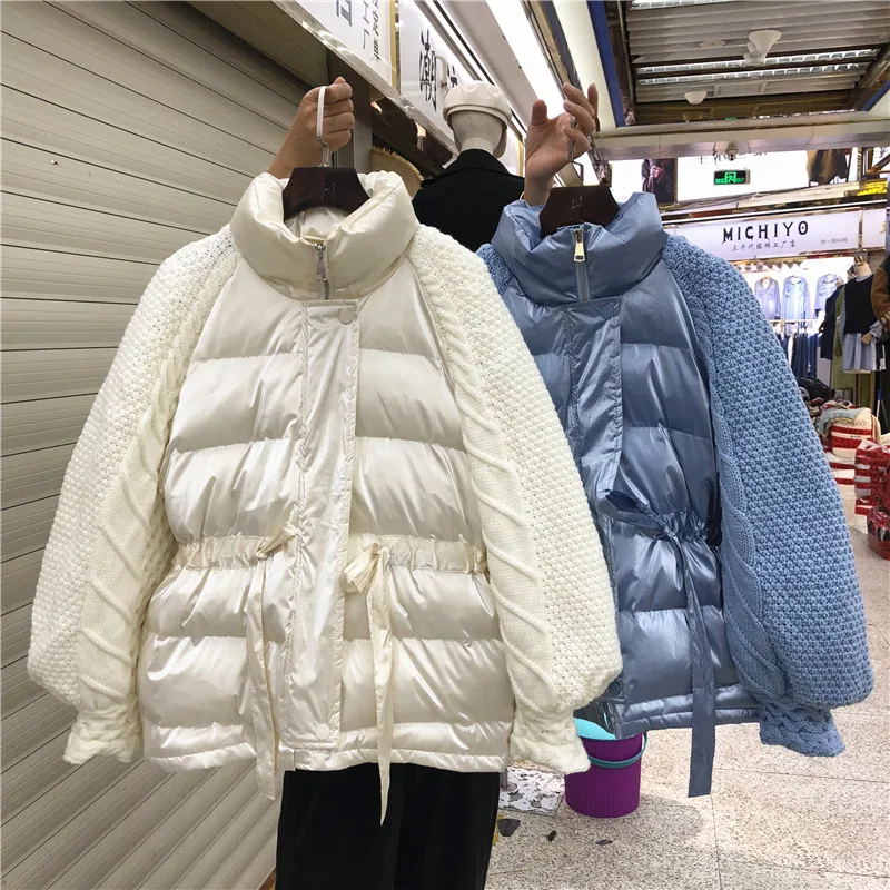 Женская парка, зимнее пальто, новинка, корейский стиль, воротник-стойка, вязанный рукав, пуховик, хлопок, стеганая куртка, женские зимние толстые пальто