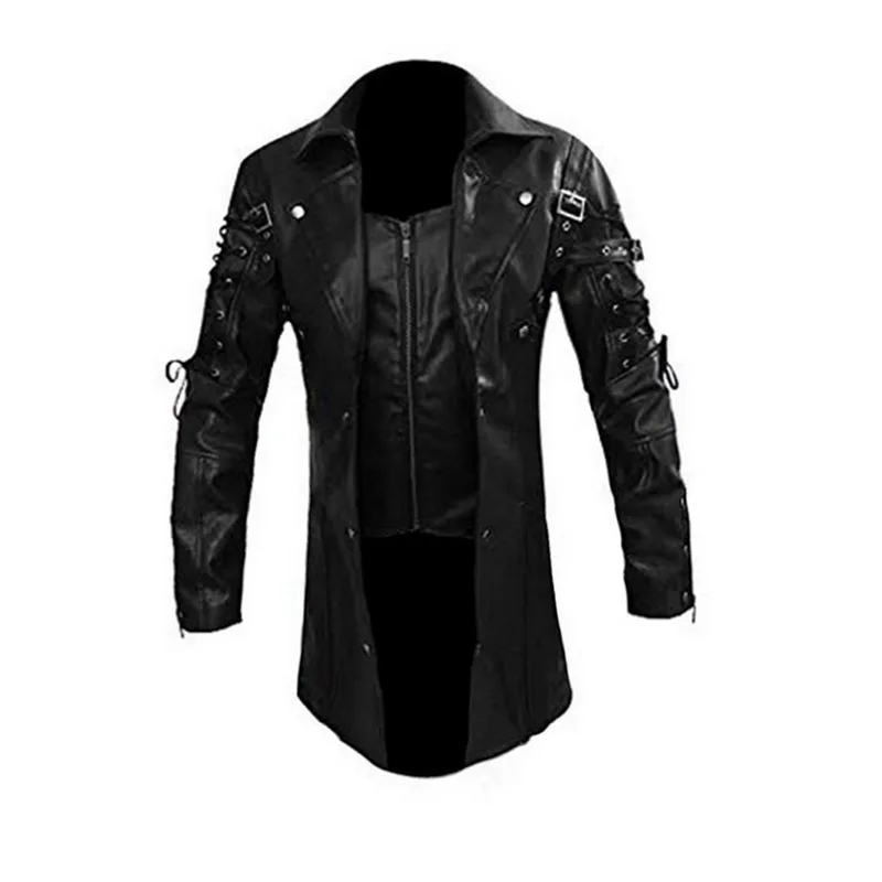 Новинка, мужская куртка из искусственной кожи в стиле стимпанк, готический стиль, куртки для мотоциклистов с отложным воротником, осеннее пальто на молнии, мужской из искусственной кожи