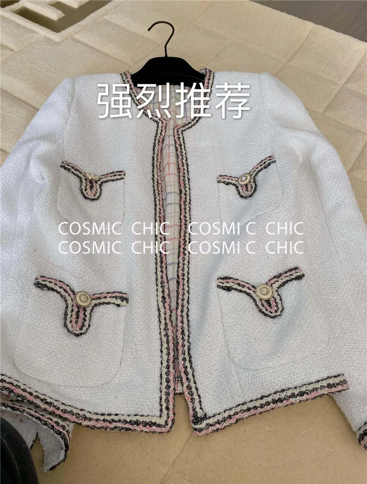 Cosmicchic Весенняя женская белая твидовая куртка с карманами и цепочкой, женское короткое пальто высокого качества, элегантные модные куртки для подиума