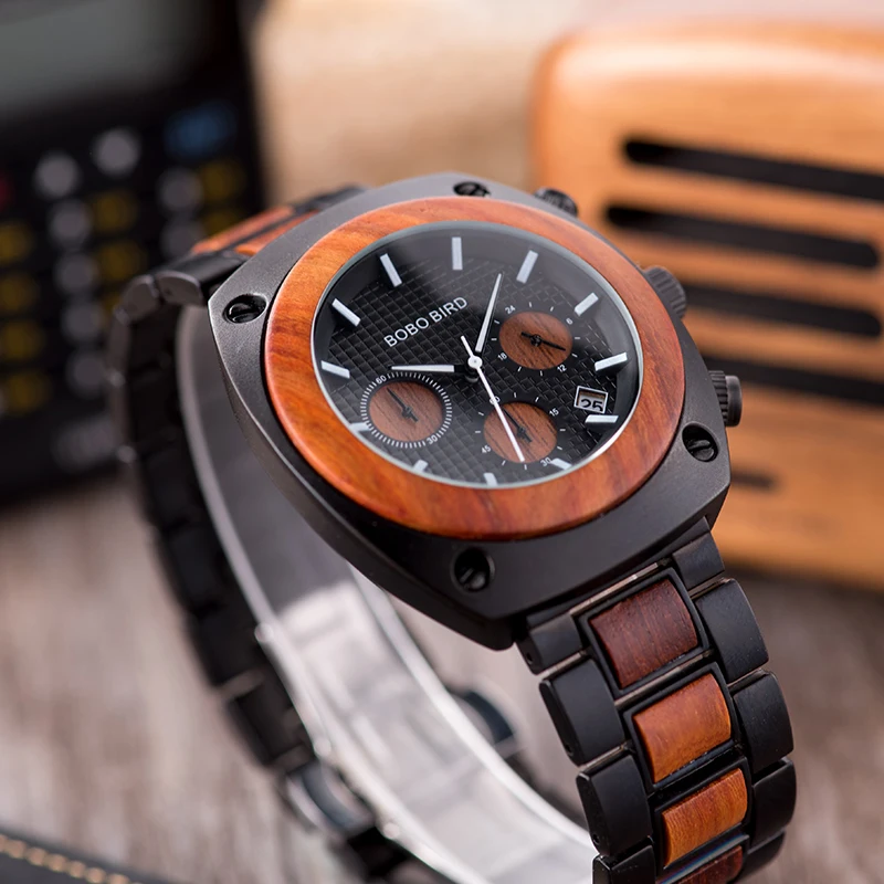 Relojes hombre BOBO BIRD деревянные часы для мужчин Секундомер Хронограф Показать дату деревянные кварцевые наручные часы Мужские часы в подарочной коробке