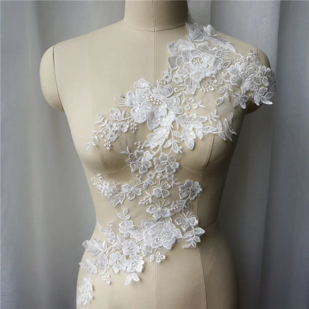 

White Wedding Gown Appliques Lace Fabric Flower Sequin Collar Mesh Embroidered Sew On Patches For Decoration Dress DIY
