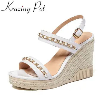 

Krazing pot patent leather peep toe super high heels straw metal chain decorations buckle straps high street summer sandals L09
