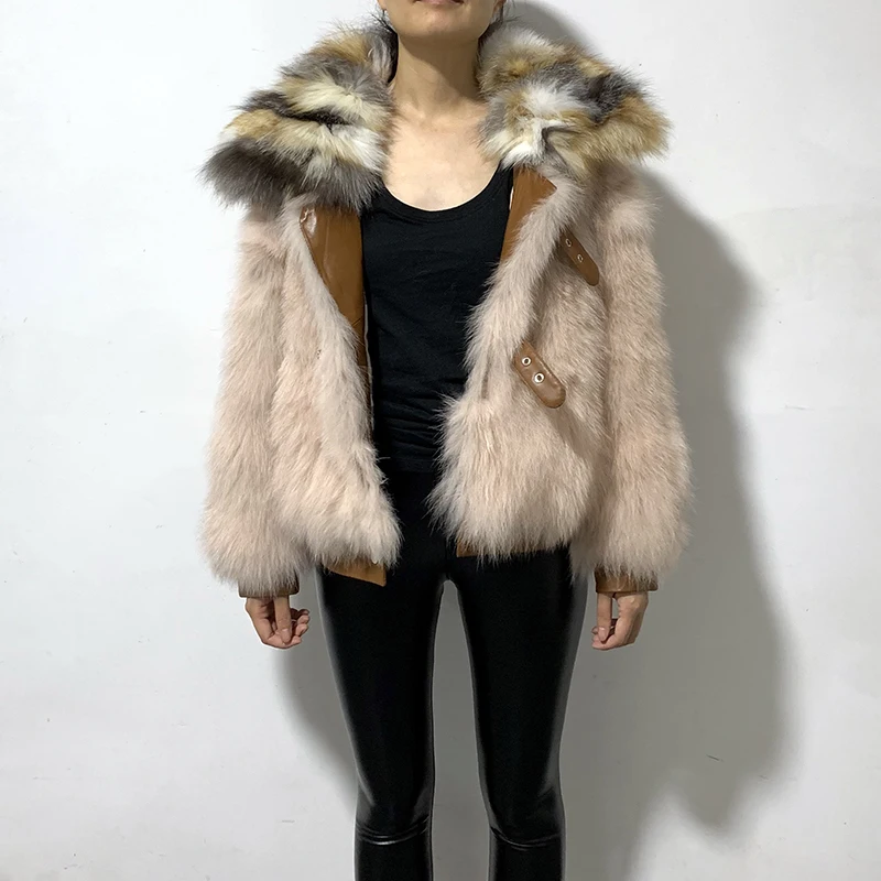 

rf1958 New High Street Oversized Women's Natural Fox Fur Coat with Red Fox Collar Real Fur Jacket Genuine Leather