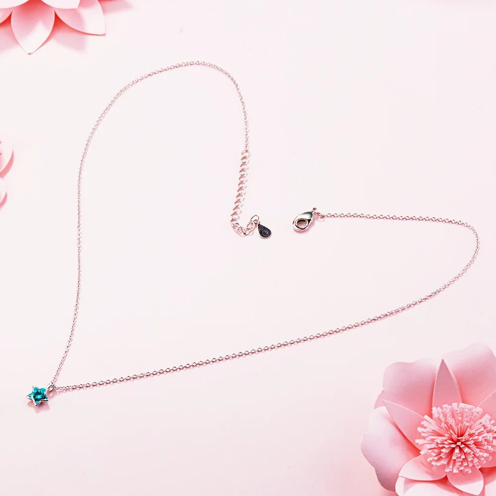 New Simple Fashion Ocean Blue Crystal Little Star Necklace For Women Girl 925 Sterling Silver Jewelry S-N246