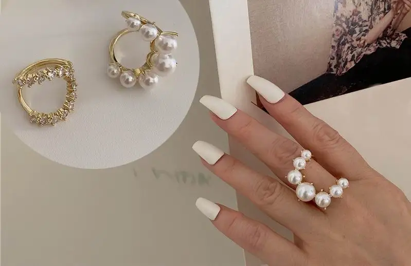 Adjustable Geometric Pearl Paved Rings For Women