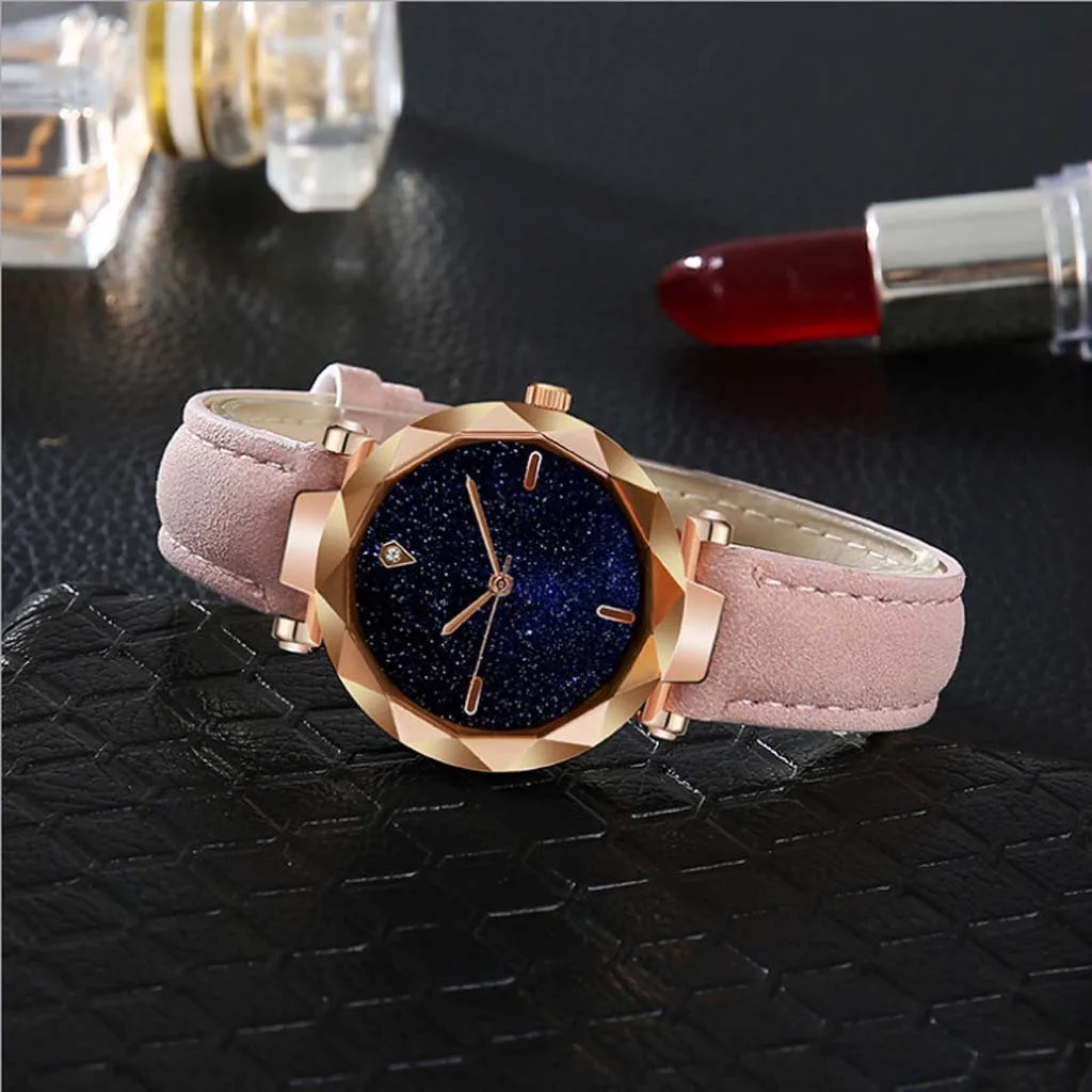 Новые Модные Стразы Часы Для женщин простой и изящный круглый вырез сделают вас более роскошный Звездное выпуклое зеркало часы с кожаным ремешком Relogio Feminino#10