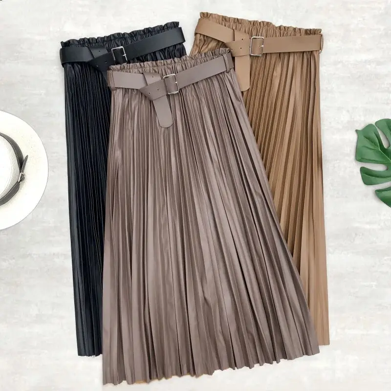 Neophil Women PU Faux Leather Runched Belt Skirts Paperbag Bud Waist Wavy Pleated Latex Crinkle Female Winter Long Skirt S21803