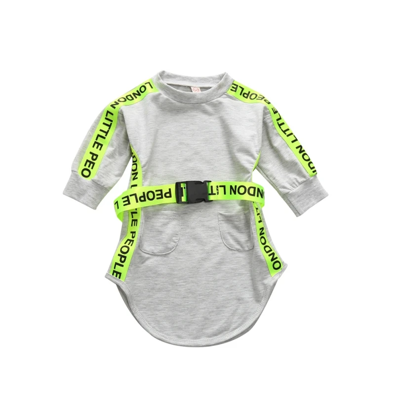 Fashion All Seasons Long Sleeve Sweater Jumpsuit Girls Dress Letters Fluorescent Strips Grey 1-6Years | Детская одежда и обувь