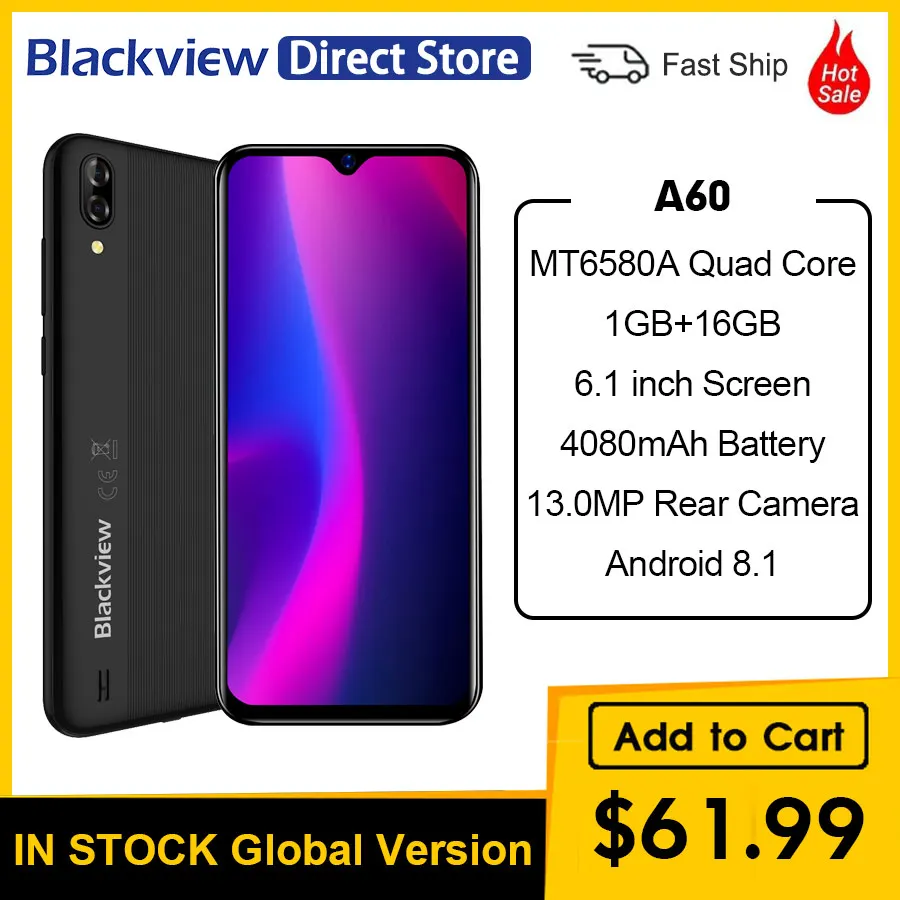 Мобильный телефон Blackview A60 1 ГБ ОЗУ 16 Гб ПЗУ экран 6 дюйма 19 2: 9 четырехъядерный