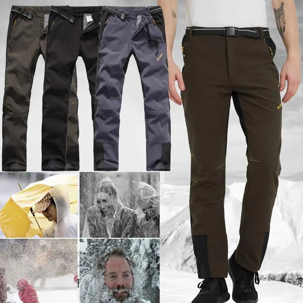New Mens Warm Waterproof Windproof Outdoor Casual, Sport Zipper Solid Middle Waist Hiking Pocket Thicken Pants