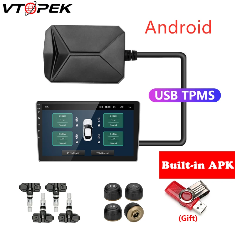 Cheap USB Android TPMS Tire Pressure Monitoring System Display Alarm System 5V Internal Sensors Android Navigation Car Radio 4 Sensors