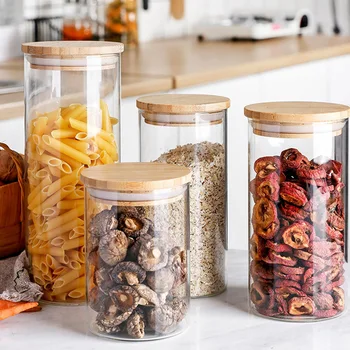 

2 Pcs Food Storage Box With Cover Wooden Sealed Lid Kitchen Glass Jars Cans Transparent Glass Bottles Mason Spice Jars Candy