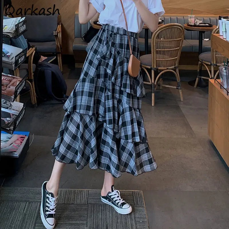 

Skirts Women Plaid Chic Retro Summer Asymmetrical Elegant Stylish Soft Basic New Arrival Hot Sale All-match Holiday Casual Ins