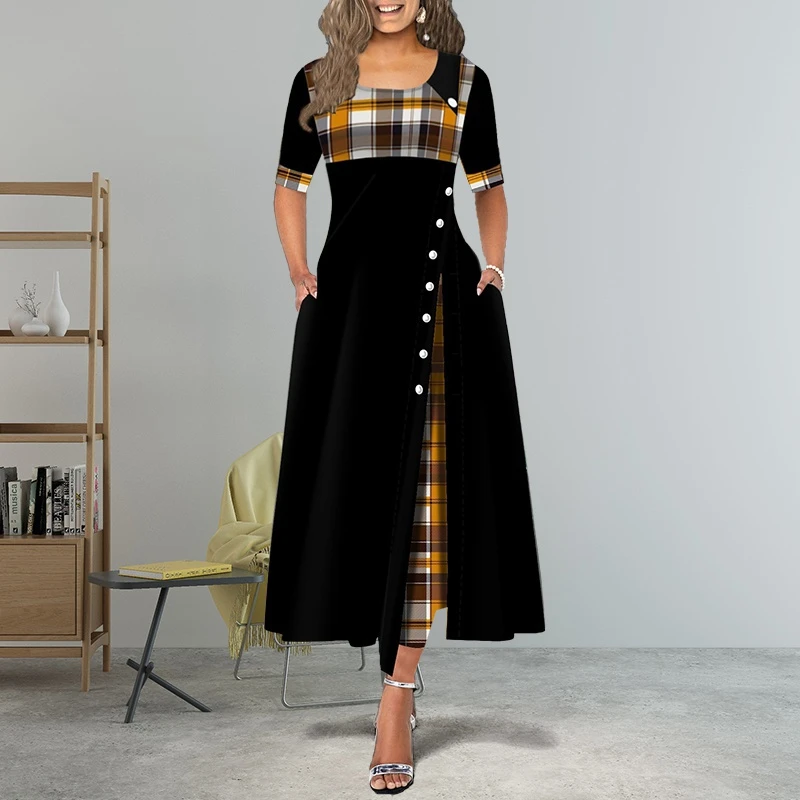 New Fashion Women Elegant Half Sleeve Plaid Print Maxi Dress Autumn Vintage Round Neck High Waist Split Party With Buttons | Женская