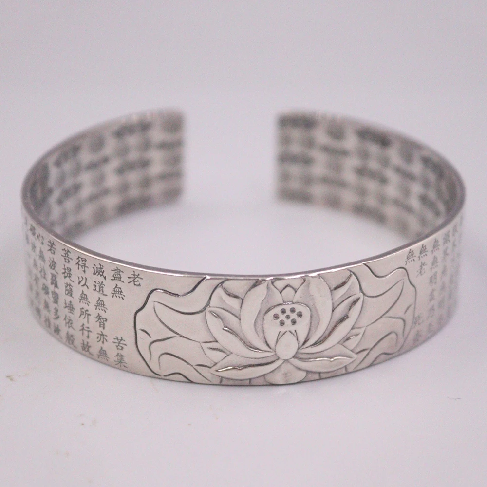 

Real Silver Bangle 999 Fine Silver Women's Pure Silver Bracelet Retro Lotus Sutra Without Certificate Mother Gift 60-65mm