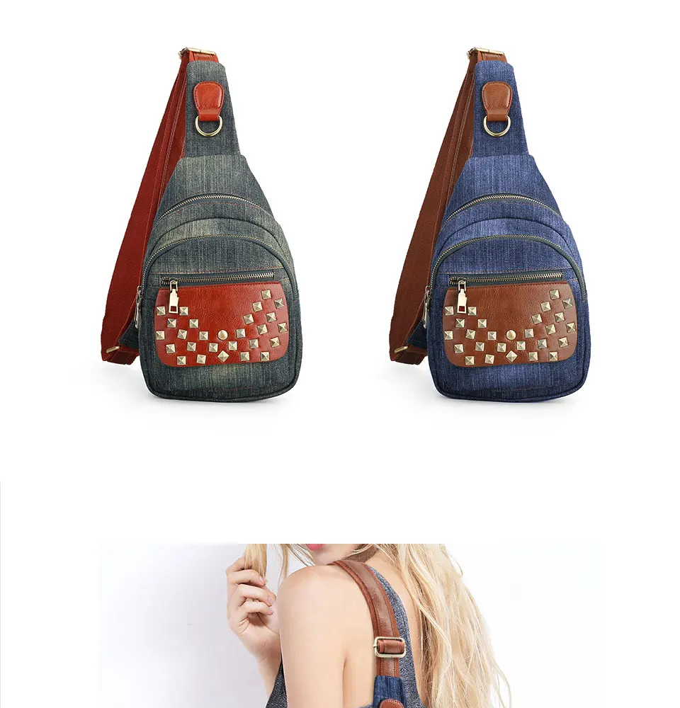 Kiss Karen/винтажная сумка на лямках с шипами, джинсовая женская сумка на груди, стильные женские сумки на плечо, джинсовая модная сумка через плечо