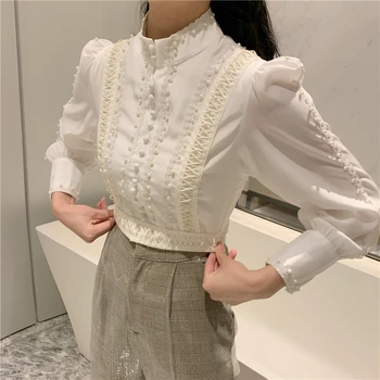 

Vintage Women Long Sleeve Crop Tops Autumn Woman Hand Work Bead Work Chiffon Blouses Lady Bead Work Party Shirts Tops