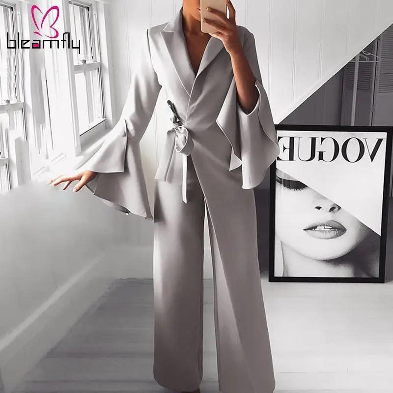 Flare Sleeve Wide Leg Pants Long Jumpsuit Women Autumn Fashion Elegant Workwear Formal Party Romper Belted Knot Side Jumpsuit