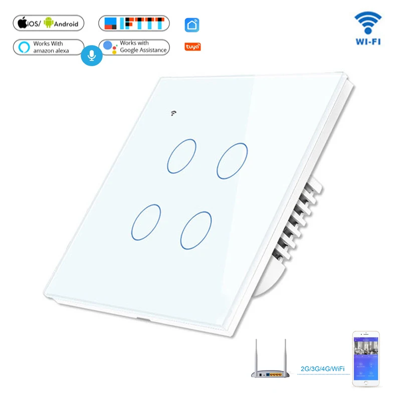 Abay белый 4 банды умный настенный выключатель Кристальное стекло панель работает
