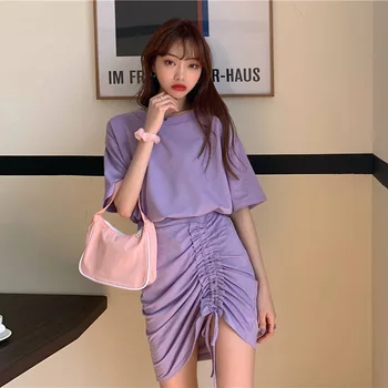 

Summer Korean-style 2020 New Style Sense of Design Drawstring Waist Hugging Slimming Online Celebrity Elegant Purple Short-sleev