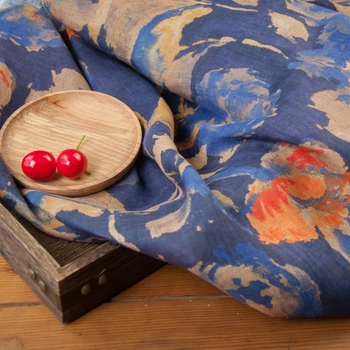 

High end pure linen fabric Ink painting printing tissu Spring and autumn women's fashion dress sewing