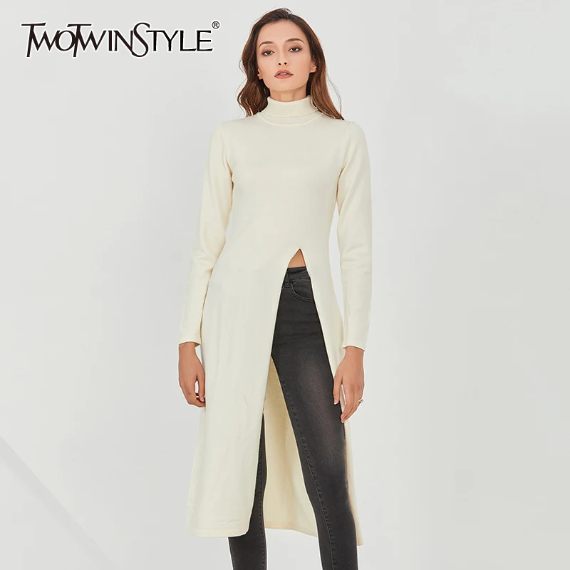 TWOTWINSTYLE Beige Slim Knitting Pullovers For Women Turtleneck Long Sleeve Front Slit Sweater Female 2021 Fall Clothing New | Женская