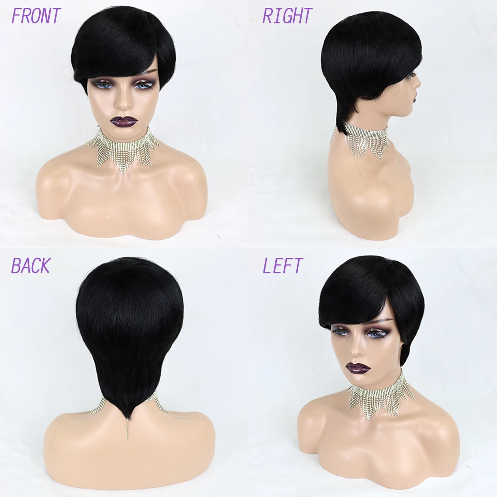 Perucas com Franja para Preto Brasileiro Cabelo Humano Pixie Corte Curto Completo Máquina Feita 100% 4 High Quality Apliques e perucas