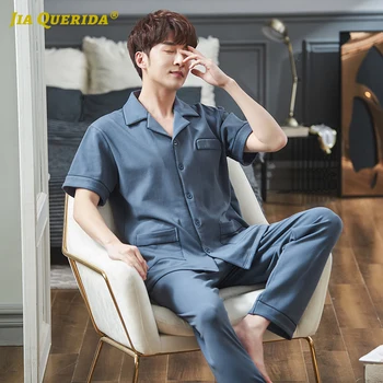 

New Blue Front Pocket Man Clothes Fashion Style Casual Style Pajama Men Turn Down Collar Short Sleeve Long Pants Pajamas Set