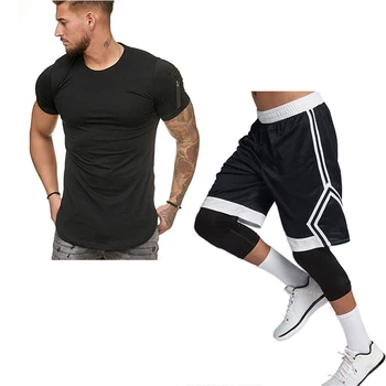

new Summer casual Double mesh breathablebeach shorts + short-sleeved zipper T-shirt 2 piece men's striped Brand sportswear suits