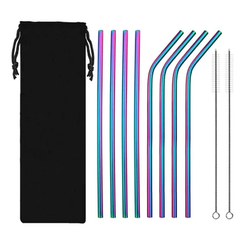 

10Pcs Stainless Steel Metal Drinking Straw Straws with 2 Cleaner Brush Kit Tool Rainbow Silver