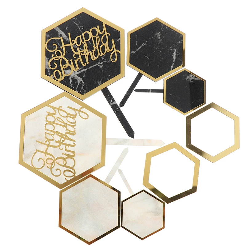 INS Marble Acrylic Cake Topper Hexagon Gold Happy Birthday Cake Topper For Kids Birthday Party Cake Decorations Baby Shower