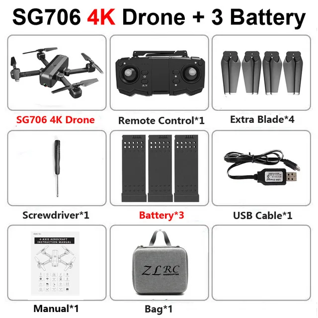 4K 3B Bag SG706 Радиоуправляемый Дрон 4k Профессиональный 50x зум Дроны с камерой HD wifi FPV Квадрокоптер оптический поток одна кнопка возврата селфи Дрон - Цвет: 4K 3B Bag